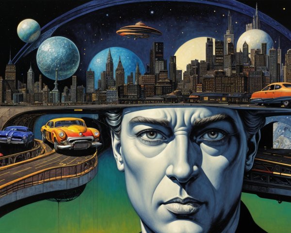Portrait of a Man Against a Surreal Cityscape