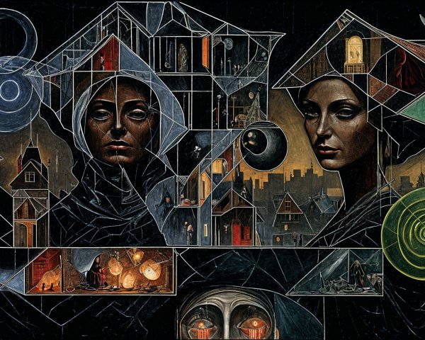 Intricate Artwork with Faces in Geometric Shadows