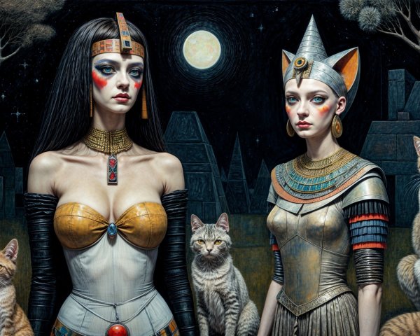 Elegant Figures in Mystical Night Scene with Cats