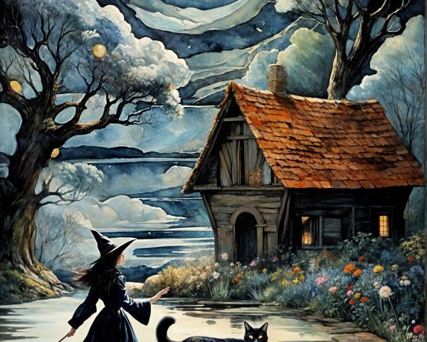 Witch Walking by Lake Under Starry Night Sky