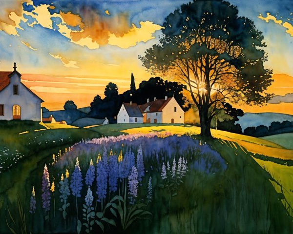 Serene Countryside Scene at Sunset with Vibrant Sky