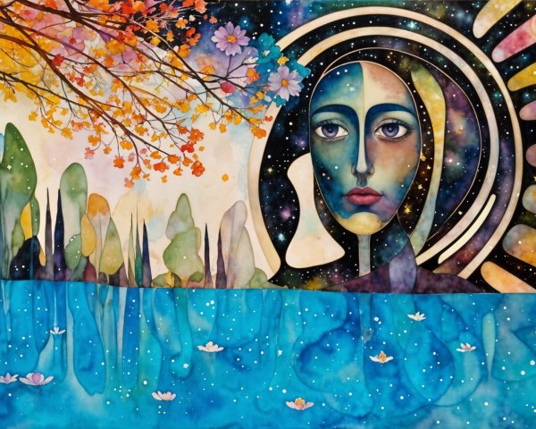 Watercolor Landscape with Woman's Face and Night Sky