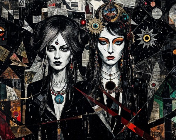 Ethereal Women in Dark Attire with Cosmic Background