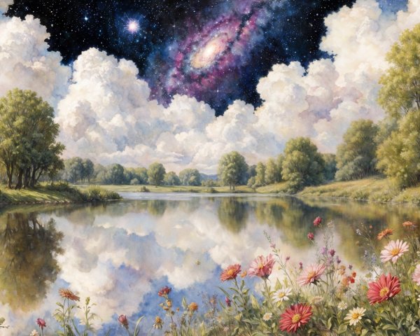 Tranquil Lake and Galaxy in Serene Landscape Scene
