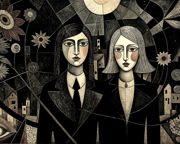Stylized Figures in Formal Attire with Abstract Background