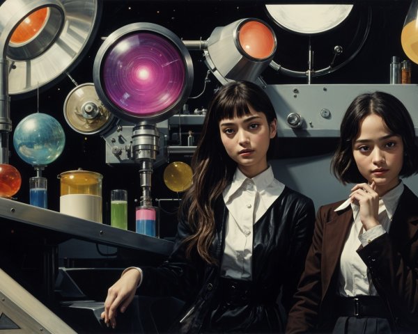 Young women in futuristic lab with glowing liquids