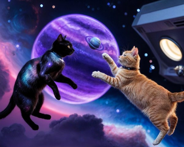 Cosmic Scene with Cats and Colorful Planet