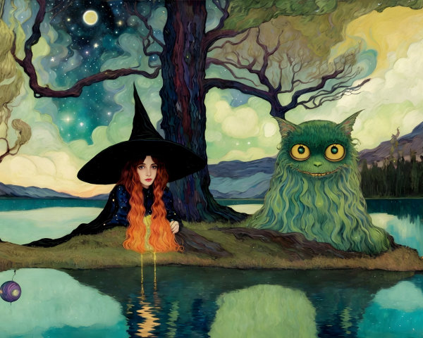 Colorful witch with red hair and blue hat by lake with green creature and orange animal under starry