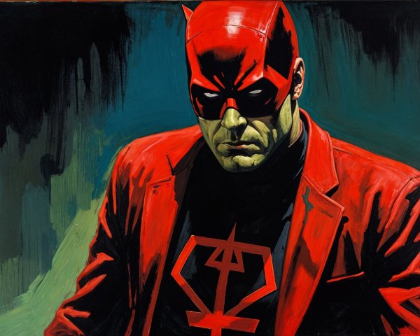 Character in Red Suit with Mask Against Green Background