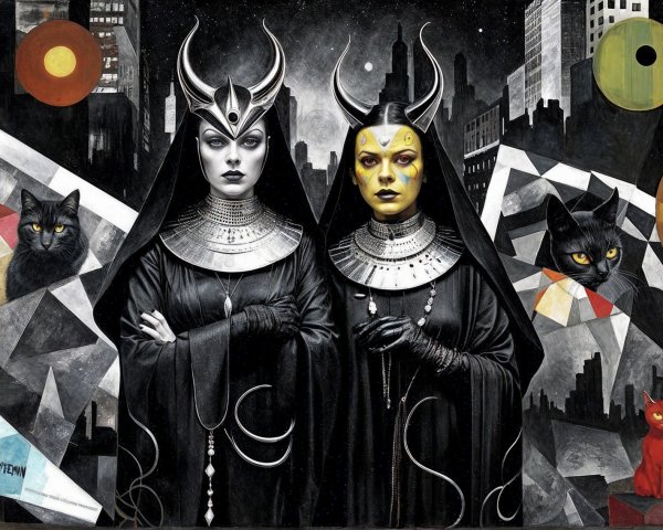 Enigmatic Figures in Dark Attire with Horned Headdresses