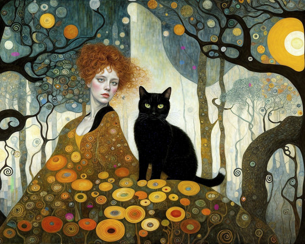 Mystical Scene with Woman in Flower Gown and Cats