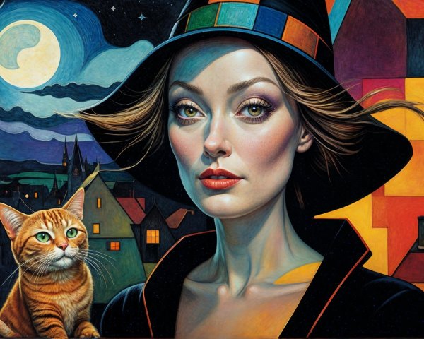 Portrait of a Woman with Cat in a Night Sky Scene