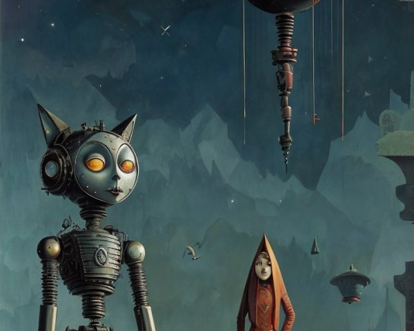 Surreal Landscape with Robotic Cat and Cloaked Figure
