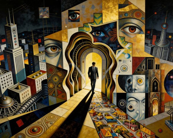 Surrealistic Painting with Golden Archway and Cityscape