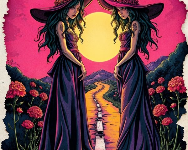 Enchanting Witches on a Winding Road at Sunset