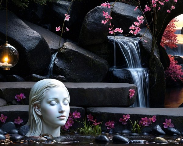 Serene White Sculpture Amidst Waterfall and Flowers