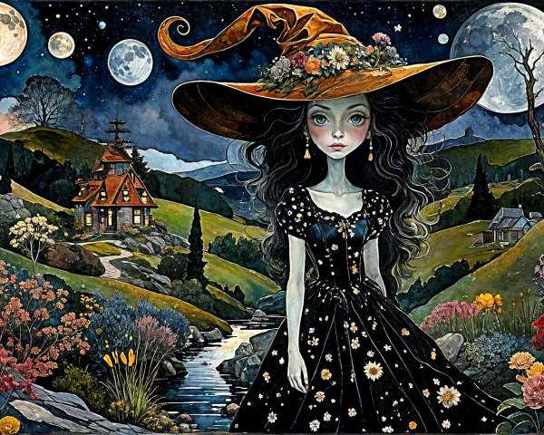 Witch in Floral Dress Amidst Enchanted Landscape