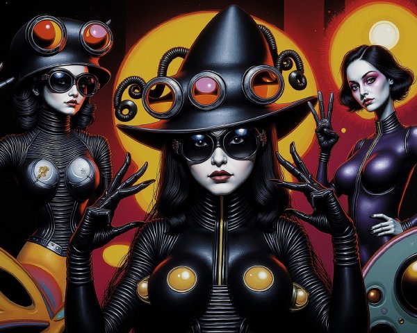 Stylish Women in Black Outfits Against Abstract Background