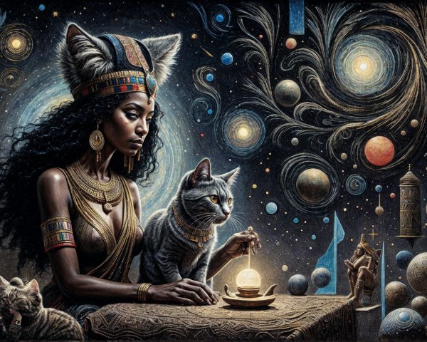 Regal figure in cosmic setting with glowing orb and cats