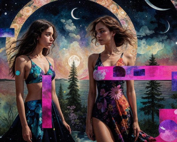 Women in Stylish Swimwear in Dreamlike Landscape
