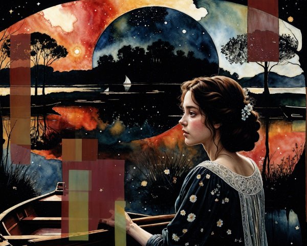 Young Woman in Boat Amidst Serene Night Landscape