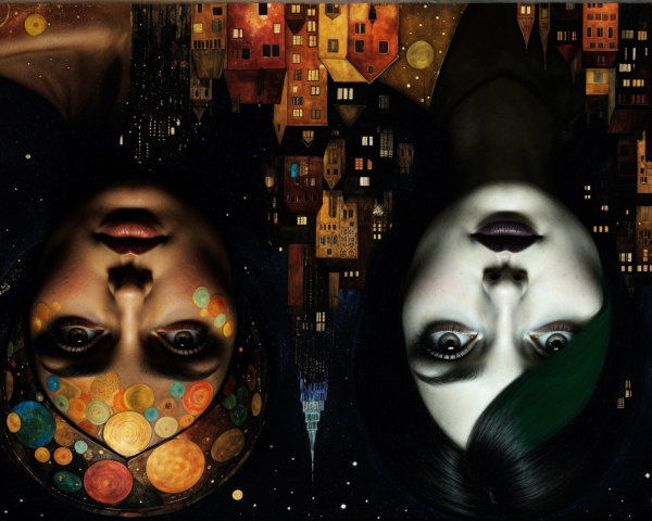 Stylized Female Faces Against Starry Night Sky