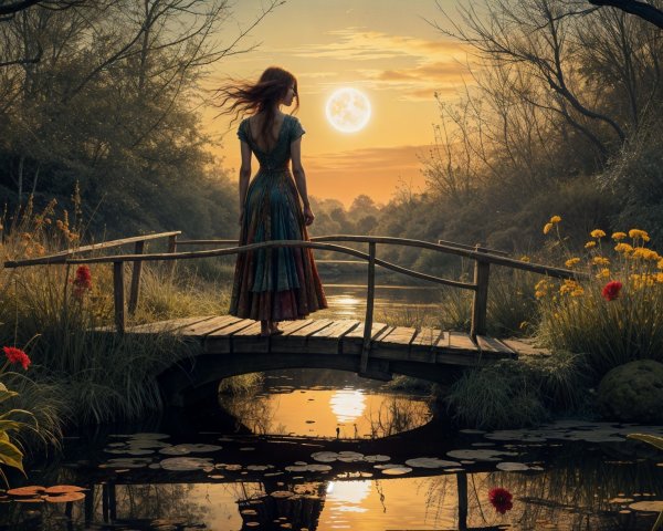 Woman on Bridge Over Tranquil Pond at Sunset