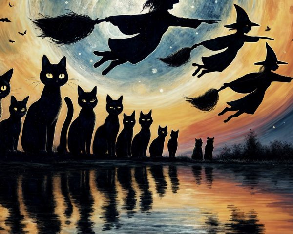 Witches Flying on Broomsticks Under a Glowing Moon
