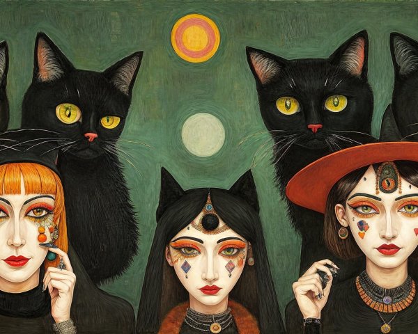 Three Women with Colorful Accessories and Black Cats