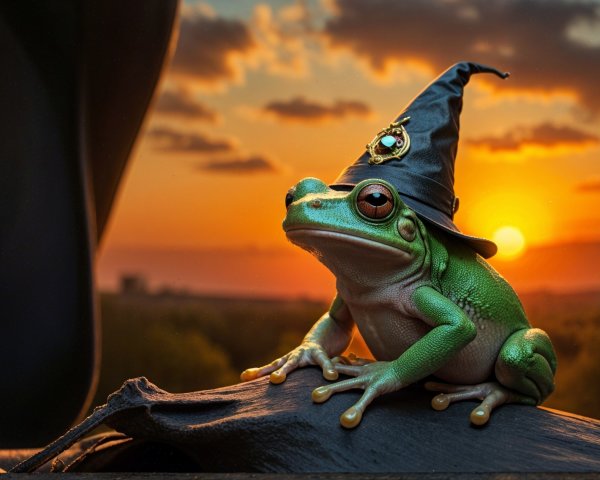 Whimsical Frog in Wizard Hat Against Sunset Background