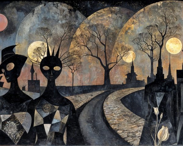 Surreal Landscape with Figures Under Twilight Sky