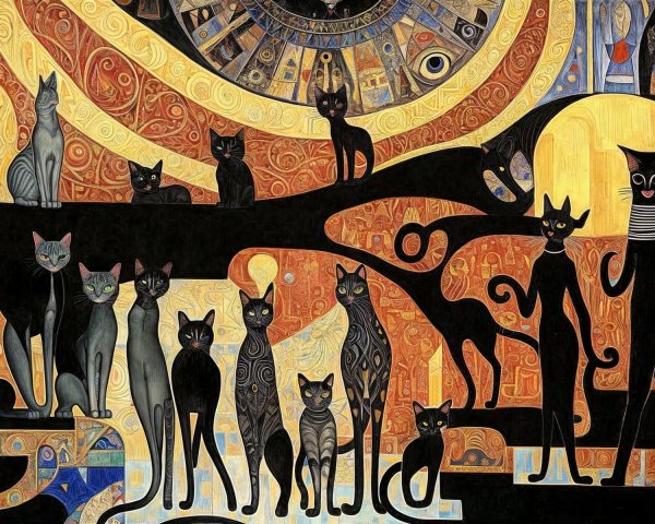 Abstract Composition of Stylized Cats in Rich Colors