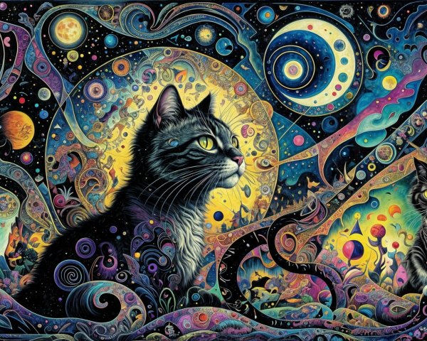 Illustration of Cats in a Cosmic Fantasy Background