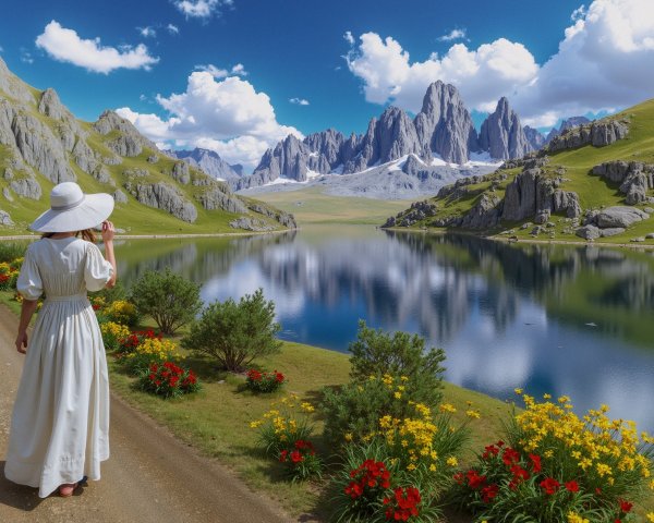 Woman in White Dress by Serene Lake and Mountains