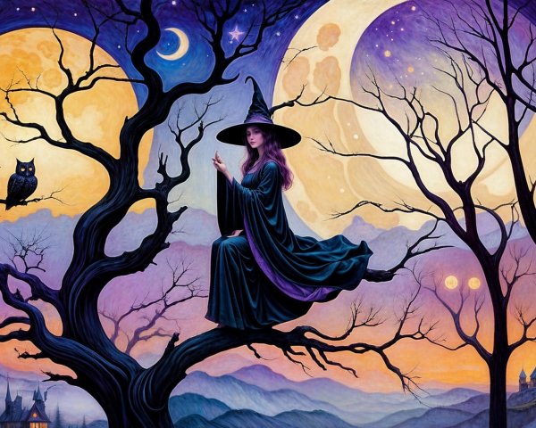 Witch on Tree Branch in Twilight Landscape with Moons