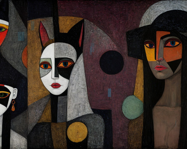 Stylized Figures with Cat Elements and Bold Colors