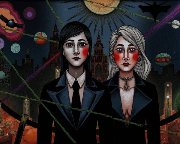 Figures in Black Suits Against Surreal Background