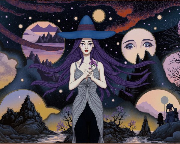 Mystical Scene of Woman in Flowing Dress and Hat