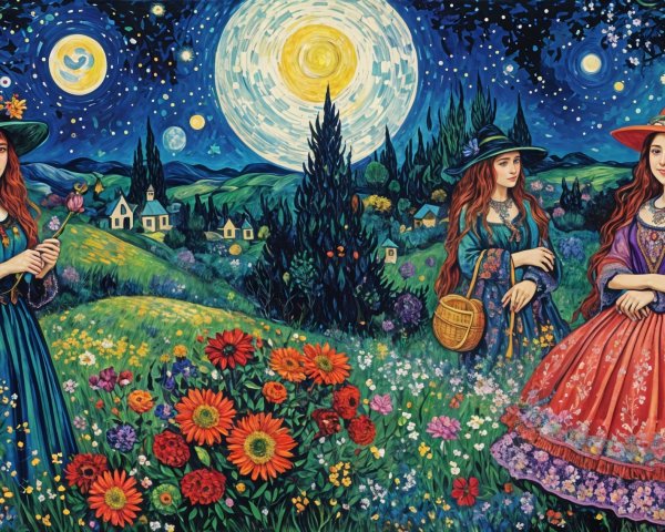 Moonlit Landscape with Witches in Colorful Dresses