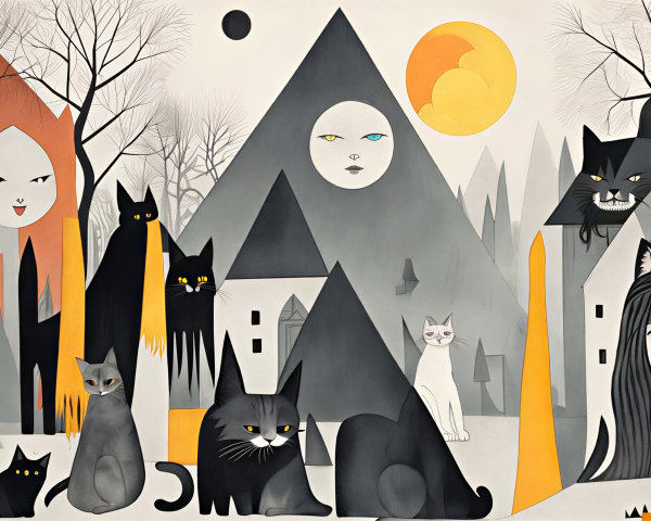 Whimsical Landscape with Abstract Characters and Cats