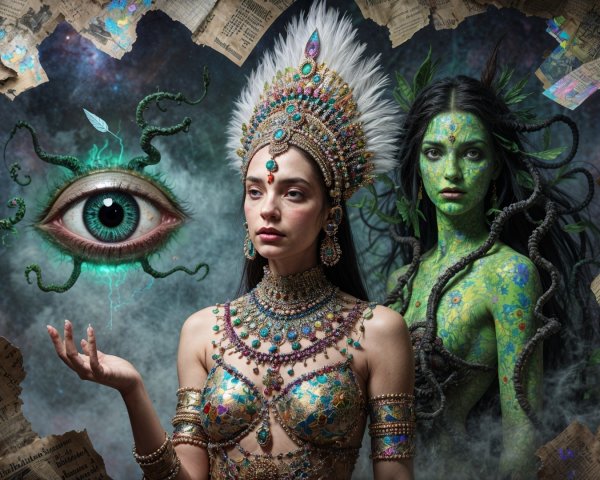 Ethereal Figures Surrounded by Nature and Mystery