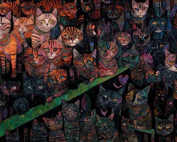Whimsical Illustration of Colorful Cats in a Dark Setting