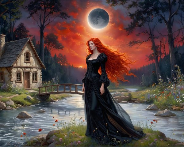 Fantasy art painting of a woman by a river island