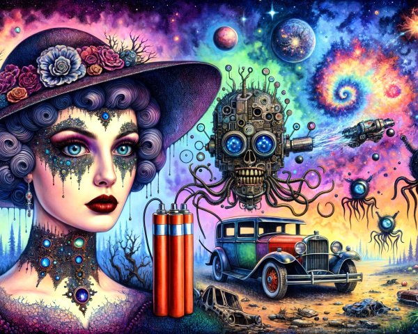 Surreal Scene with Woman, Cosmic Background, and Skull