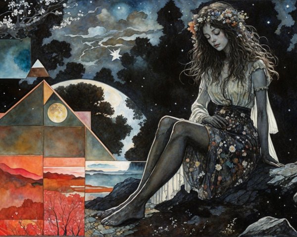Serene Woman with Floral Crown Under Starry Night