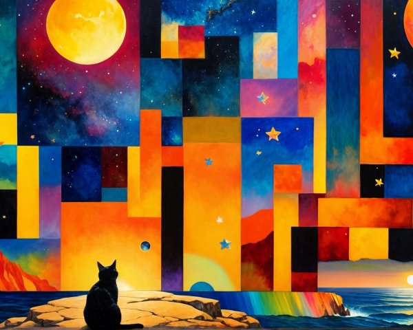 Abstract Landscape with Cat Silhouette and Cosmic Scene