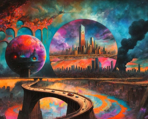 Futuristic sci-fi cityscape with winding highway and fiery nebula sky