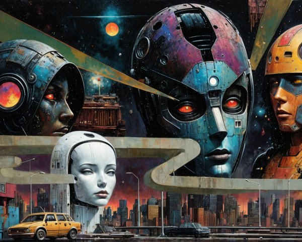 Futuristic Mural with Robotic Heads and Cosmic Background