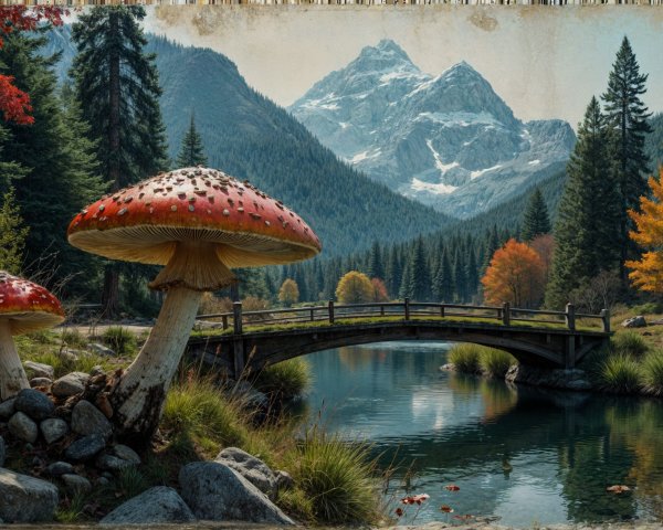Autumn Landscape with Mountains, River, and Mushrooms
