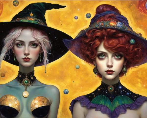 Witch-like Figures with Celestial Themes in Artwork